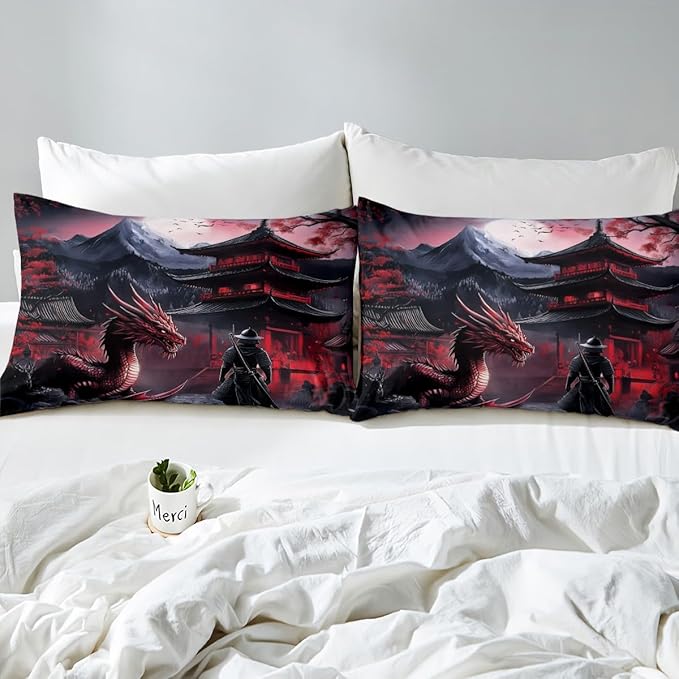 Feelyou Dragon Bedding Set Twin Size Kids Samurai Comforter Cover Set for Boys Japanese Style 3D Dragon Theme Anime Ancient Wildlife Duvet Cover Red Bedspread Cover Room Decor Quilt Cover,No Comforter