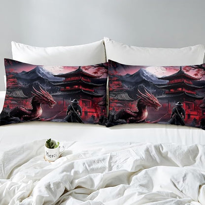 Feelyou Dragon Bedding Set Twin Size Kids Samurai Comforter Cover Set for Boys Japanese Style 3D Dragon Theme Anime Ancient Wildlife Duvet Cover Red Bedspread Cover Room Decor Quilt Cover,No Comforter