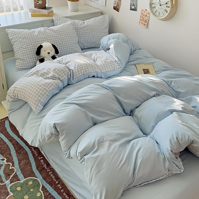 Nayoroom Blue Gingham Duvet Cover Full Size Reversible Plaid Checkered Duvet Cover 3 Pieces Soft Breathable Washed Microfiber Girls Dorm Bedding Set for All Season
