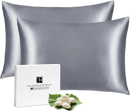 Ravmix Silk Pillowcases 2 Pack for Hair and Skin with Hidden Zipper, Both Sides 21Momme Mulberry Silk Pillow Cases Set of 2, Queen Size 20×30inches, Lilac Grey