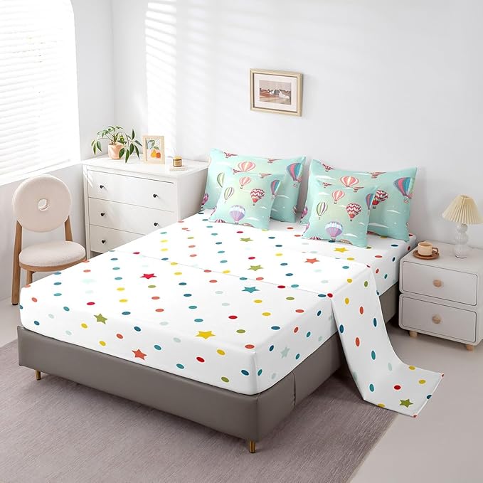 Watercolor Hot Air Balloon Bed in a Bag Comforter Set,Hand Drawn Clouds King Size 7 Pieces for Kids Teens,White Polka Dot Bedding Set with Comforter, Sheet Set, Pillowcases, Pillow Covers