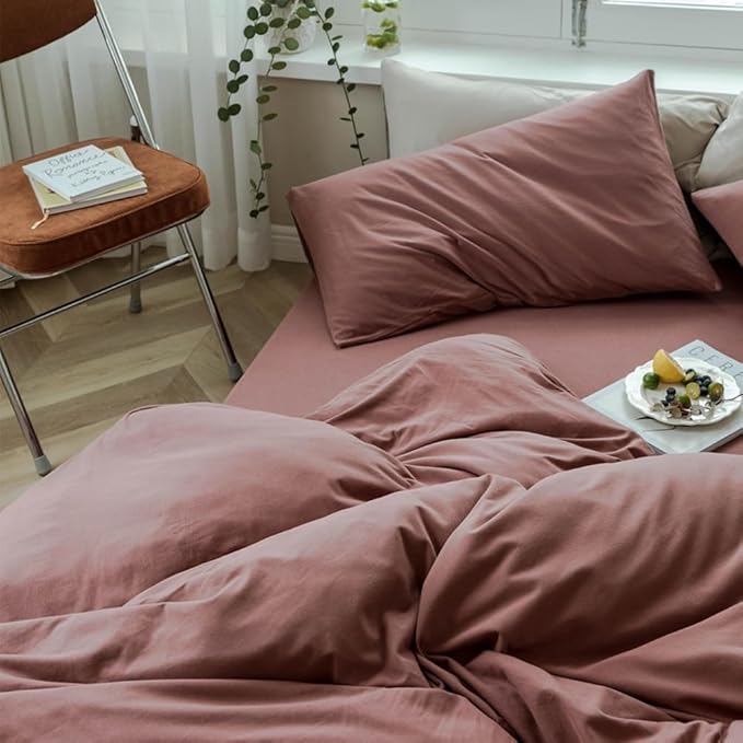 LifeTB Brick Red Duvet Cover Full Size Soft Jersey Knit Cotton Bedding Set Minimalist Clay Rust Red Comforter Cover 3 Pieces Solid Color Bedding Set Knitted Cotton Duvet Cover with 2 Pillowcases