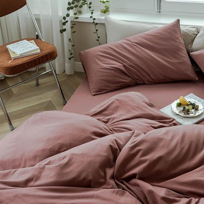 LifeTB Brick Red Duvet Cover Full Size Soft Jersey Knit Cotton Bedding Set Minimalist Clay Rust Red Comforter Cover 3 Pieces Solid Color Bedding Set Knitted Cotton Duvet Cover with 2 Pillowcases
