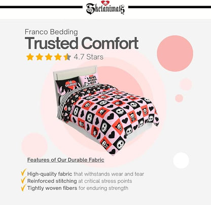 Skelanimals Bedding 7 Piece Full Bed Set, Soft Checkered Comforter and Sheet Set with Sham, Kit The Cat, (Officially Licensed Product) by Franco Collectibles