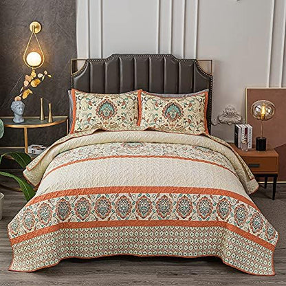 Bohemian Twin Size Comforter Quilt Sets -2 Pieces Red Quilts (1Quilt,1 Pillow Shams) with Reversible Bedspreads Bohemian Patchwork Bedding Set Sleep Companion