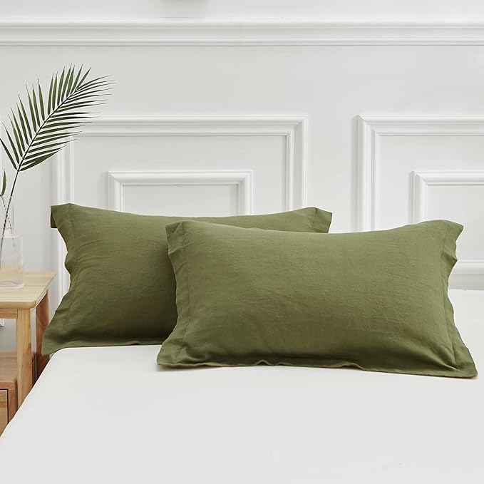 Simple&Opulence 100% Linen Pillow Case Queen Size Set of 2, Olive Green Pillow Covers with Overlap Closure, Luxury Breathable Pillowcases Protectors Suitable for All-Season (20" X 26", Olive Green)