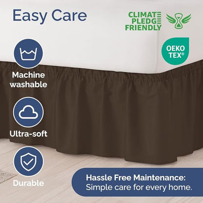 Wrap Around Dust Ruffle Bed Skirt - Brown - for King Size Beds with 12 Inch Drop - Easy Fit Elastic Strap - Adjustable Pleated Bedskirt w/Brushed Fabric - Wrinkle Free - for Women, Men, Kids & Teens