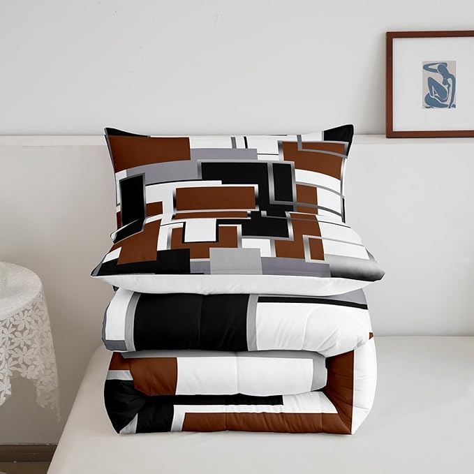 Erosebridal Square Comforter Sets for Teens Youth,Brown White Grey Bedding Set,3D Geometric Quilt Set,Grunge Farmhouse Grid Duvet Insert with 1 Pillowcase Lightweght Warm,Twin