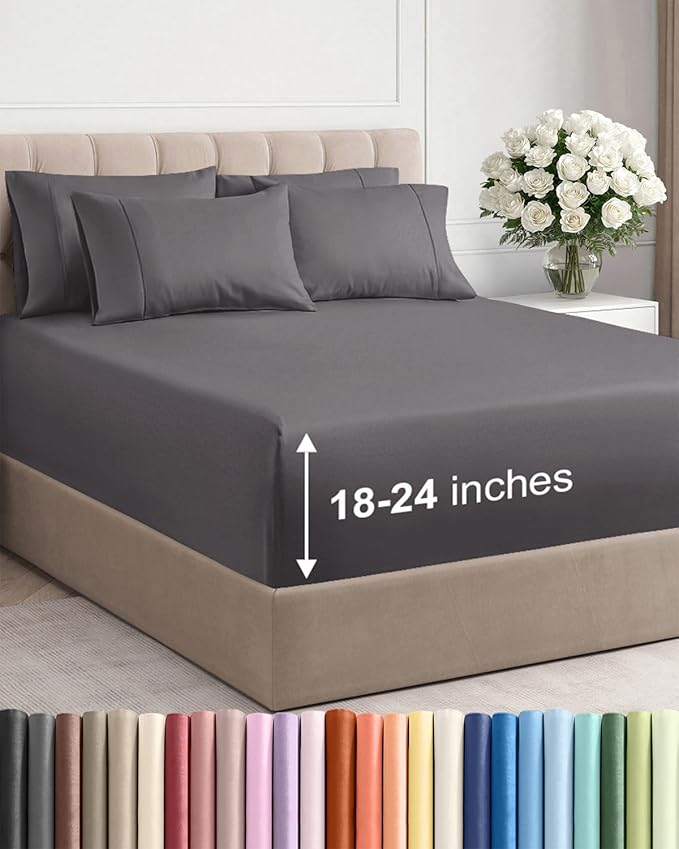 Extra Deep Full Sheet Set - 6 Piece Breathable and Cooling Sheets - Hotel Luxury Bedding for Women, Men, Kids & Teens - Easy & Secure Fit - Soft, Wrinkle Free and Comfy w/Extra Deep Pockets - Grey