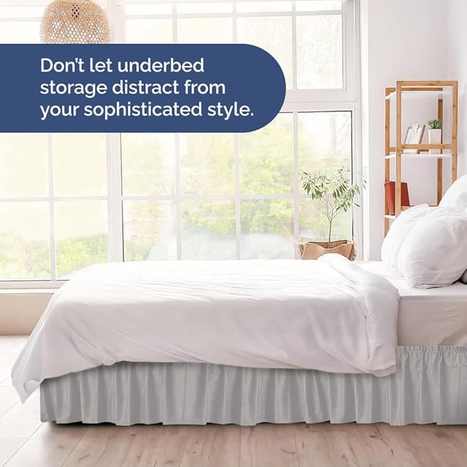 Wrap Around Dust Ruffle Bed Skirt - French Grey - for Full Size Beds w/ 15 Inch Drop - Easy Fit Elastic Strap - Adjustable Pleated Bedskirt w/Brushed Fabric - Wrinkle Free, Women, Men, Kids & Teens