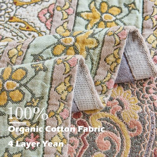 VANJOROY Boho Throw Blanket, 100% Organic Cotton Breathable Ultra Soft 91" x 108" King Bed Quilt Throw - All Season Floral Rustic Farmhouse Decor Luxury Blanket for Sofa Couch Chair and Gift