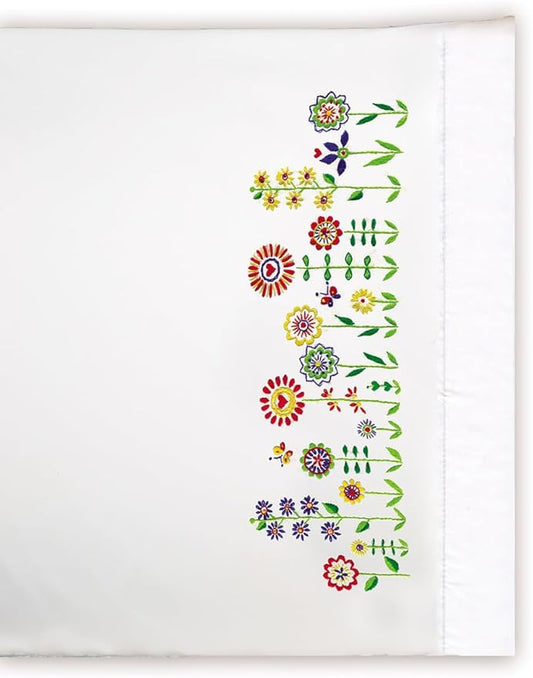 Design Works Crafts Stamped Pillowcases, Floral Whimsy, 20" x 30" Embroidery Kit, white with multicolor