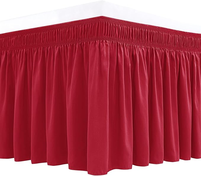 Biscaynebay Wrap Around Bed Skirts for Queen Size Beds 18" Drop, Red Adjustable Elastic Dust Ruffles Easy Fit Wrinkle Resistant Silky Luxurious Fabric Machine Washable