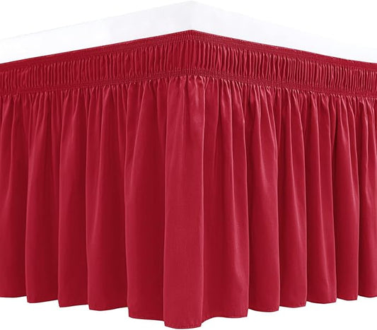 Biscaynebay Wrap Around Bed Skirts for Queen Size Beds 18" Drop, Red Adjustable Elastic Dust Ruffles Easy Fit Wrinkle Resistant Silky Luxurious Fabric Machine Washable