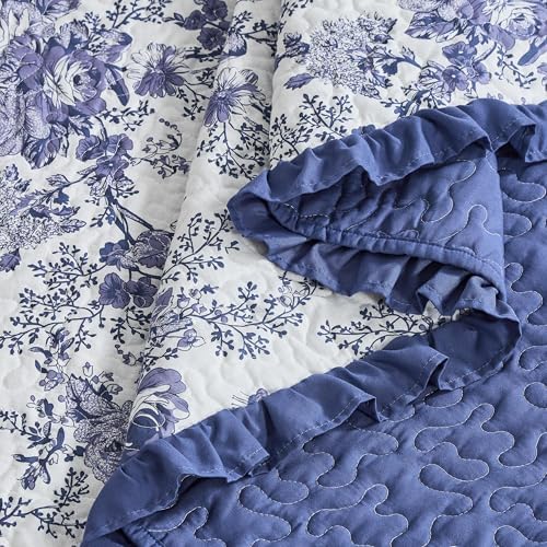 Wonderful Blue Floral Ruffle Quilt Set King Size, 3 Pieces Botanical Cotton Face Shabby Chic Cottagecore Bedspread Coverlet, Breathable Bedding Set for All Season, 104"x90"