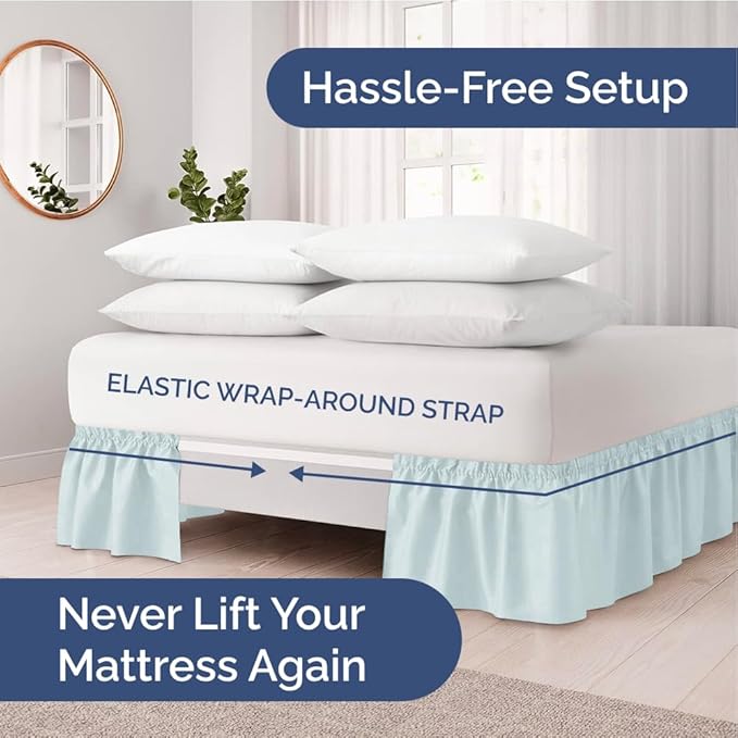 Wrap Around Dust Ruffle Bed Skirt - Ice Blue - for Queen Size Beds w/ 12 Inch Drop - Easy Fit Elastic Strap - Adjustable Pleated Bedskirt w/Brushed Fabric - Wrinkle Free - Women, Men, Kids & Teens