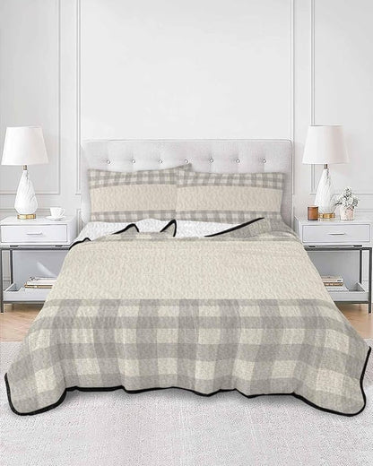 Quilts Queen Size, Retro Grey Soft Comforter Bedding Set for Bed, Farmhouse Buffalo Plaid Vintage Beige Lightweight Quilted Bedspread with Pillow Cover(2 Pieces) for All Season, 90x96 Inch