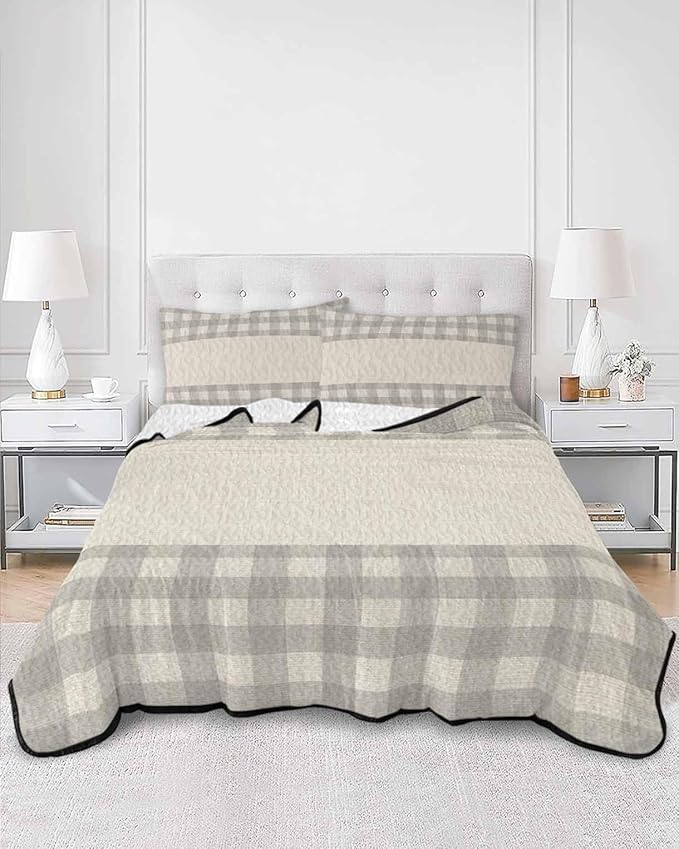 Quilts Twin XL Size, Retro Grey Soft Comforter Bedding Set for Bed, Farmhouse Buffalo Plaid Vintage Beige Lightweight Quilted Bedspread with Pillow Cover(2 Pieces) for All Season, 68x98 Inch