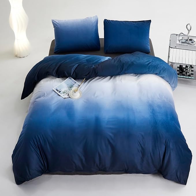 Cottonight Blue Velvet Comforter Queen Fluffy Flannel Bedding Set Women Men Thick Warm Winter Blanket Quilts Sherpa Micromink Navy Dark Blue Modern Chic Plush Fashion Bedding