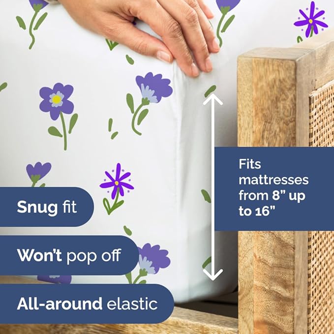 Floral Sheets - Purple Floral Bed Sheet Set - 1 Flat, 2 Fitted & 2 Pillowcases w/ Deep Pockets - Wrinkle & Fade Free - Boho Botanical Bedding - Ultra-Soft, Breathable & Cooling - Split King Size Set