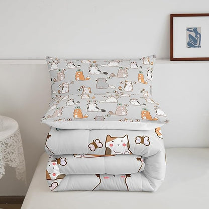 Cartoon Cat Bedding Set King For Kids Boys Girls, Butterfly Decor Comforter Room Decor, Kawaii Animal Kitten Duvet Set Cute Pet Theme Down Comforter, White Gray Orange Garfield Bedding Comforter Sets