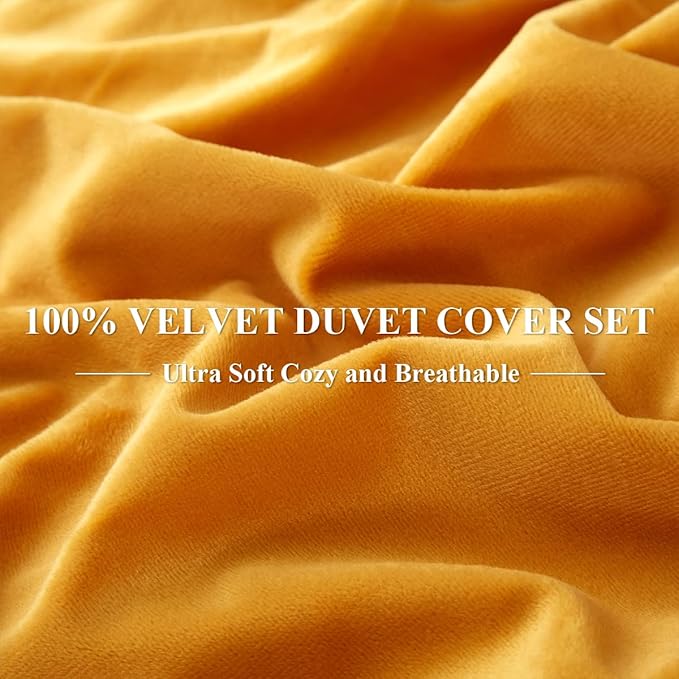 Ivellow Velvet Flannel Duvet Cover King Size Gold Comforter Cover Set Ultra Soft Breathable Cozy Velour Solid Luxury Bedding Set Zipper Closure Corner Ties