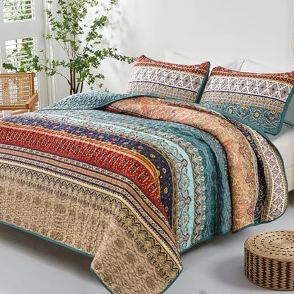 WONGS BEDDING Boho Twin Quilt Set, 2 Pieces Bedspread Bedding,Brown Green