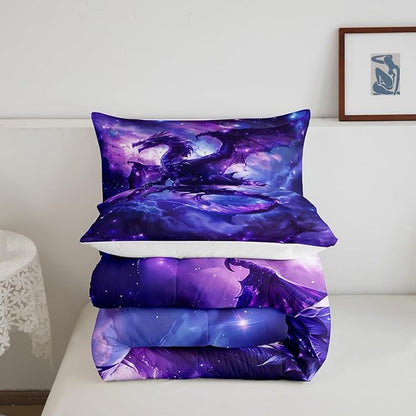 Dragon Comforter Set Twin Size,Magical Animals Bedding Set 2Pcs,Kids Girls Boys Teens Room Decor,Outer Space Starry Sky Quilt Set Purple Western Wildlife Theme Duvet Insert,1 Pillowcase