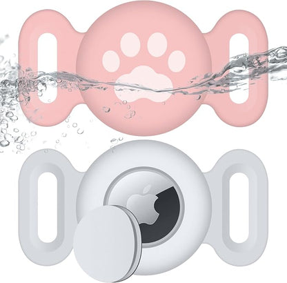 Waterproof Collar Holder Compatible with Airtag (2 Pack), Protective Anti-Lost Case for GPS Tracker, Silicone Collar Holder for Pets (Pink/White)
