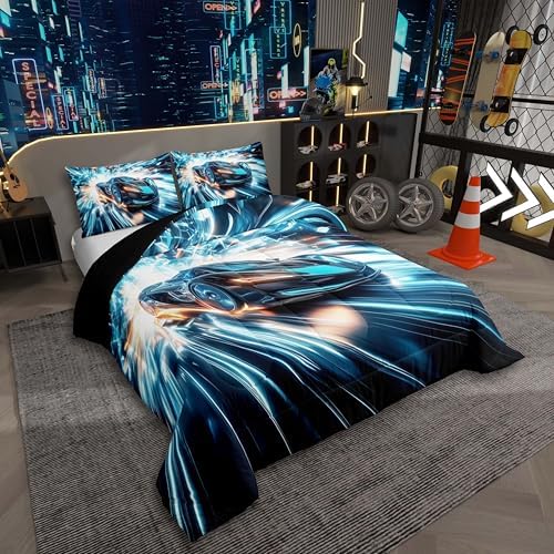 Blue Racing Car Comforter Set King Size Furious Extreme Sport Games Bedding Sets for Kids Boys Teens,Sports Race Car Bed Set,Cool Modern Duvet Insert with 2 Pillowcases,All Season,Black Blue