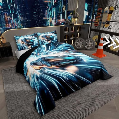 Blue Racing Car Comforter Set King Size Furious Extreme Sport Games Bedding Sets for Kids Boys Teens,Sports Race Car Bed Set,Cool Modern Duvet Insert with 2 Pillowcases,All Season,Black Blue
