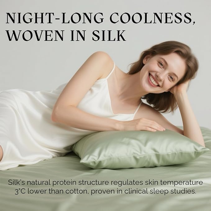 Ravmix Silk Pillow Cases with Zipper, 21momme Mulberry Silk Pillowcase for Hair Skin Health, Soft Smooth Breathable Cool Pillow Cover for Beauty Sleep with Gift Box 1PC(Standard 20"x26", Bean Green)