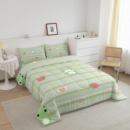 Cute Frog Comforter Set for Kids,Pink Strawberry Sweet Fruits Bedding Sets Teens Cute Room Decor,Light Green Frogs Stripes Duvet Set Quilt Set Twin 1 Comforter with 1 Pillow Case