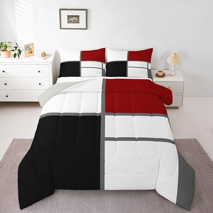 Erosebridal Geometric Abstract Toddler Comforter Red and White Striped Bedding Set Square Grid Duvet Insert Modern Art Patchwork Bed Sets for Minimalist