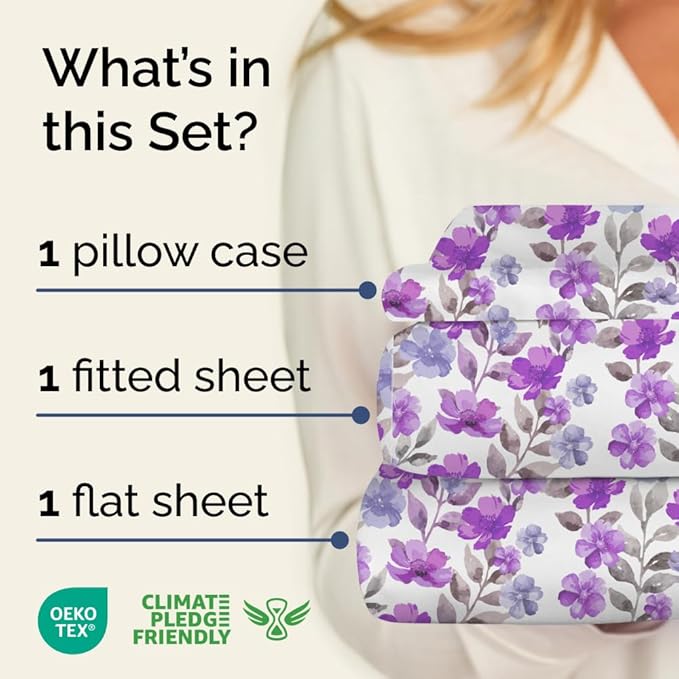 Floral Sheets - Purple Floral Bed Sheet Set - 1 Flat, 1 Fitted & 1 Pillowcase w/ Deep Pockets - Comfy, Wrinkle & Fade Free Boho Botanical Bedding - Ultra-Soft, Breathable and Cooling - Twin Size New