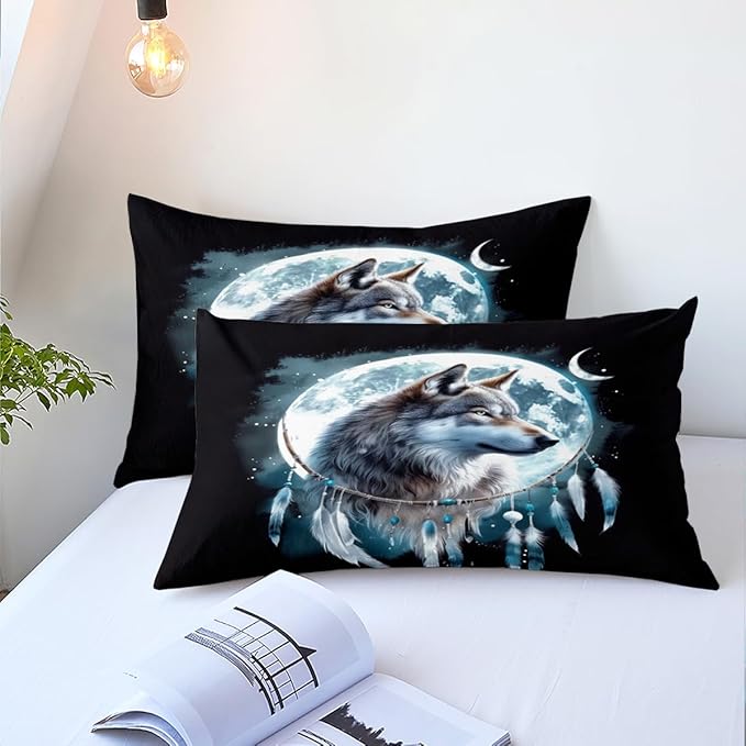 Wolf Comforter Set King Size, Wolves Moon Bedding Set, Dream Catcher & Animal Pattern on Black Bedding, Western Boho Tribal Comforter Soft Microfiber Down Quilt 3 Pieces