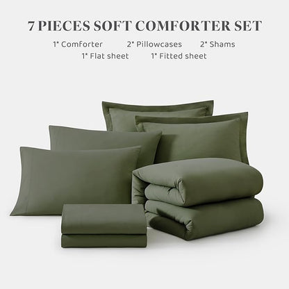 WRENSONGE King Size Comforter Set- 7 Pieces Soft Olive Green Bed in a Bag King with Fitted Sheet, Flat Sheet, 2 Pillow Shams, and 2 Pillowcases-Warm King Bedding Set for All Season