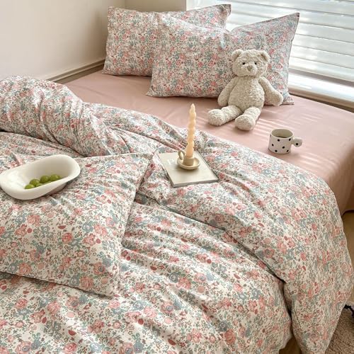 LIFETB Boho Floral Duvet Cover King Soft Cotton Aesthetic Bedding Sets French Style Pink Blue Flower Branches Chic Shabby Garden Comforter Botanical Size King(104/ inchsx90/ inchs)