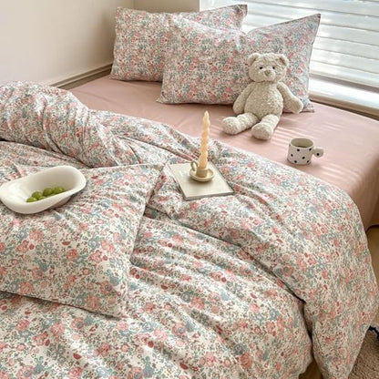 LIFETB Boho Floral Duvet Cover King Soft Cotton Aesthetic Bedding Sets French Style Pink Blue Flower Branches Chic Shabby Garden Comforter Botanical Size King(104/ inchsx90/ inchs)