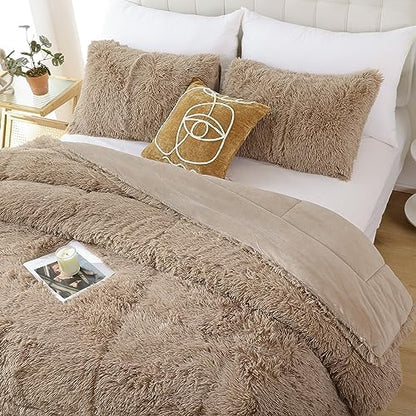 Smoofy Fluffy Queen Comforter Set, Khaki Faux Fur Comforter Set 3 Pieces