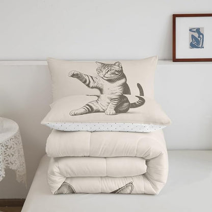 Erosebridal Cat Comforter Set Twin Size Sketch Animal Bedding Set for Kids Boys Girls Kawaii Kitten 3D Cute Beige Black Comforter Warm Soft Quilt Insert