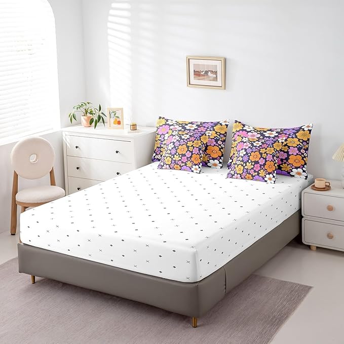 Castle Fairy Watercolor Flowers 7 Pieces Bedding Set King Bed in a Bag,Groovy Daisy 70s 80s Hippie Style Comforter Set,Purple Orange Flowers Rustic Style Soft Warm Microfiber Bedding
