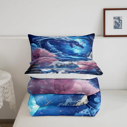 Dragon Comforter Set,Starry Sky Mountains Bedding Set Full Size 3Pcs,Kids Boys Girls Room Decor Western Magical Style Animals Theme Quilt Set Pink Cherry Blossom Printed Duvet Insert,2 Pillowcases