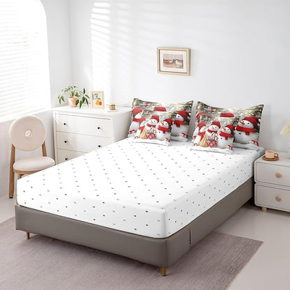 Cartoon 3D Snowman Comforter Set Bed in a Bag 7 Pieces Queen,Retro Farmhouse Christmas Theme Bedding Set,Witer Snow Watercolor Gifts (Comforter+Fitted+Flat Sheet+2 Pillowcases+2 Throw Pillow Covers)
