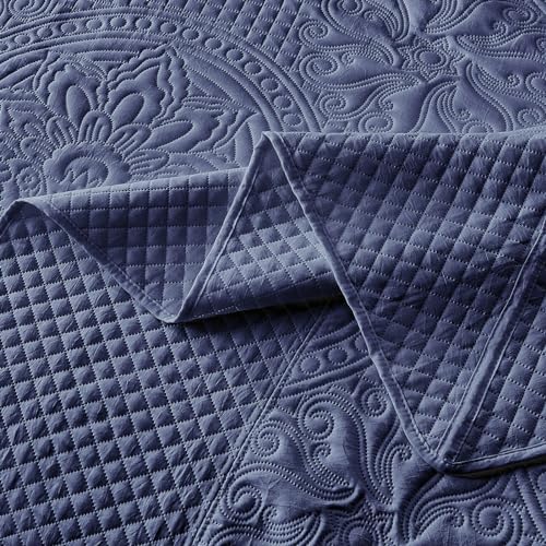 Qucover Oversized King Bedspread 128x120, Soft Microfiber King Size Bedspread Oversized, 3 Piece Ultrasonic Quilting Persian Pattern California King Quilt Set, Navy Blue