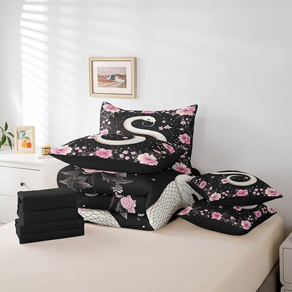 jejeloiu Boho Snake Bedding Set 7Pcs Twin Size Kids Bohemian Comforter Set with Sheets for Boys Girls Floral Flower Bed in a Bag Soft Lightweight,Microfiber