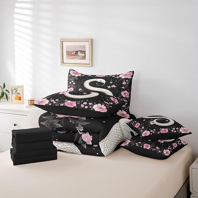 jejeloiu Boho Snake Bedding Set 7Pcs Full Size Kids Bohemian Comforter Set with Sheets for Boys Girls Floral Flower Bed in a Bag Soft Lightweight,Microfiber