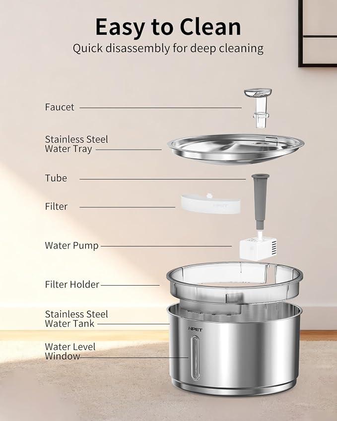 NPET Stainless Steel Cat Water Fountain, 1Gallon/135oz Automatic Pet Drinking Fountain Dog Water Dispenser Bowl with Water Level Window for Cats Indoor - WF210Plus