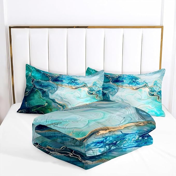 Turquoise Marble Comforter Set Queen Size Teal Blue Abstract Bedding Set Women Men Modern Aesthetic Comforters 3 Piece Gold Marbling Art Bed Sets Soft Lightweight Microfiber Comforter Sets