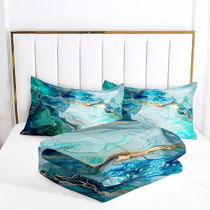 Turquoise Marble Comforter Set King Size Teal Blue Abstract Bedding Set Women Men Modern Aesthetic Comforters 3 Piece Gold Marbling Art Bed Sets Soft Lightweight Microfiber Comforter Sets
